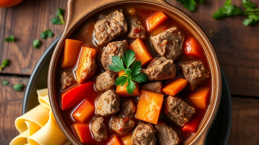 Savory Hungarian Beef Goulash Recipe A comforting bowl of beef goulash with bell peppers and noodles, garnished with parsley on a wooden table.
